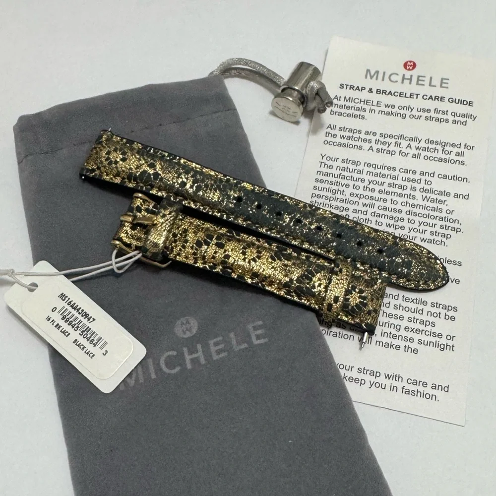 NEW wTags Michele 16MM Black Leather Gold Lace Watch Band